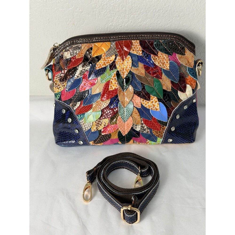 3D Leaves Crossbody Bag Genuine Leather Patchwork Faux Leather Base Boho Mint